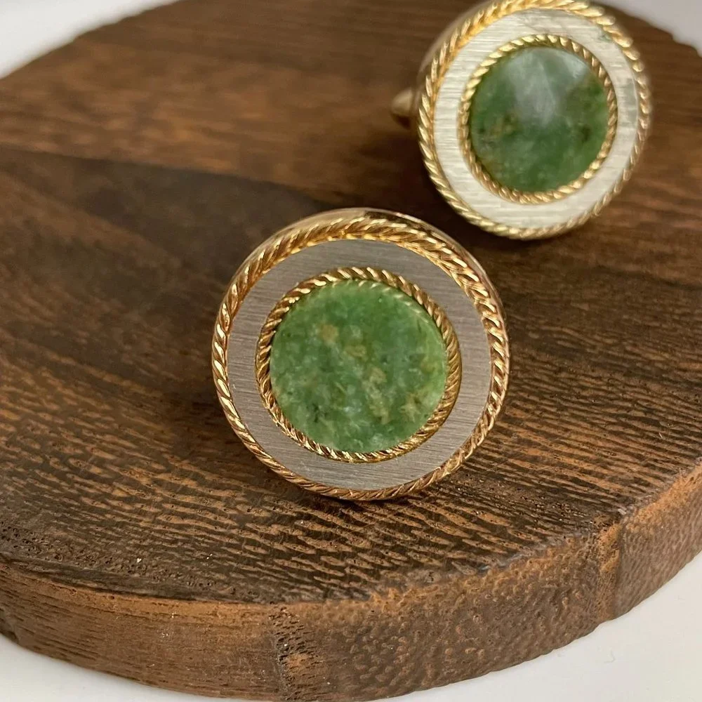 Vintage Green Green Gemstone Gold Tone Cuff Links